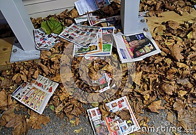 Junk mail catalogs, newspaper, ads, etc. scattered on mailbox floor Editorial Stock Photo