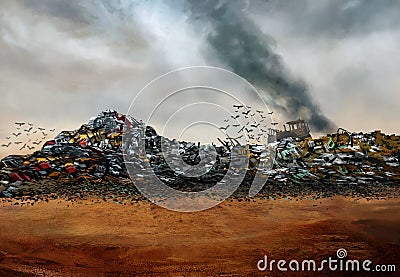 Junkyard with bulldozer and birds landscape Cartoon Illustration