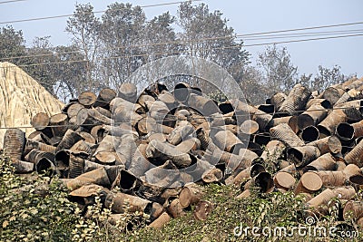 Junkyard with empty rusty drums Stock Photo