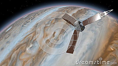 Juno is a NASA space probe orbiting the planet Jupiter. Jupiter Planet Rotating in the outer space. Traveling to planet Jupiter in Stock Photo