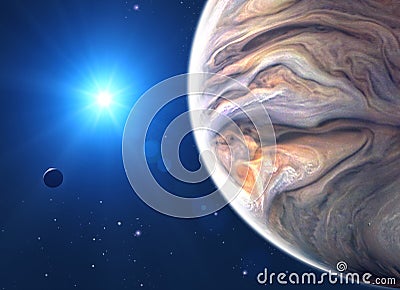 Jupiter and moon, satellite view of the planet and sun. View of a satellite orbiting the planet Stock Photo