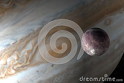 Jupiter planet and satellite Ganymede in the outer space. 3d render Stock Photo