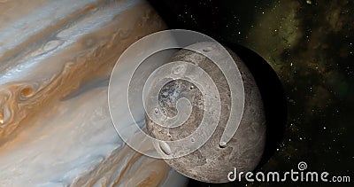 Jupiter planet and satellite Ganymede in rotation in the outer space. 3d rendering Stock Photo