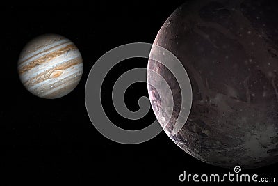 Jupiter planet and satellite Ganymede in rotation in the outer space. 3d render Stock Photo