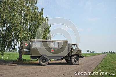 Russian medical vehicle GAZ-66 at a military training ground in Western Siberia Editorial Stock Photo