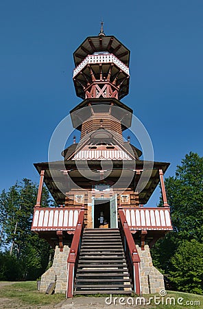 Jurkovic lookout tower in Wallachian Open Air Museum, Roznov pod Radhostem, Czech republic. Stock Photo
