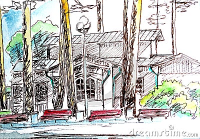 Jurmala, Latvia, house among pine trees, watercolor travel sketch Cartoon Illustration