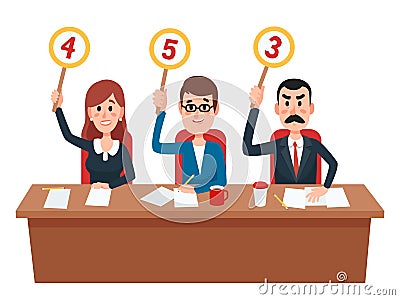 Jury. Judges group show scorecards with assessment opinion or score. Judge on quiz show, college evaluation vector Vector Illustration