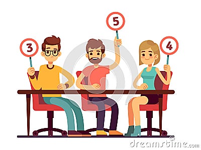 Jury judges holding scorecards. Quiz people show competition vector concept Vector Illustration