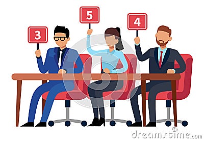 Jury judges holding scorecards. Quiz people show. Professional competition judges, trivia game jury vector illustration Vector Illustration