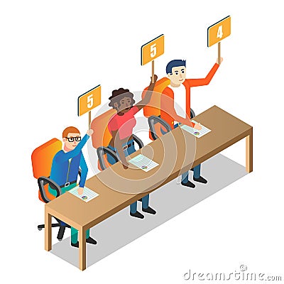 Jury judges holding scorecards vector isometric illustration Vector Illustration