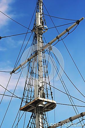 Jury-masts and rope of sailing ship Stock Photo