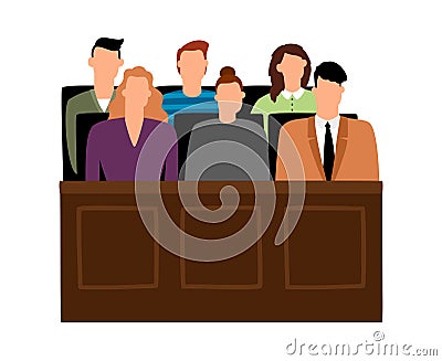 Jury trial. Jurors court in courtroom, prosecution people vector illustration Vector Illustration