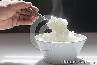 Jasmine steamed rice just finish cooked for breakfast time, in White bowl taking with spoon Stock Photo