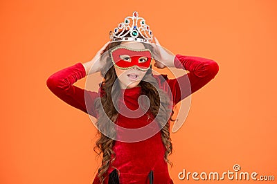 Just call me big boss. Big boss kid orange background. Small girl boss wear crown and mask. Ambitious little child. Prom Stock Photo