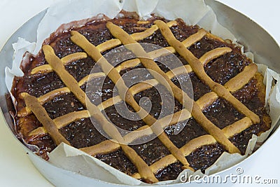 Just cooked tart with cherries. Italian Cake Stock Photo