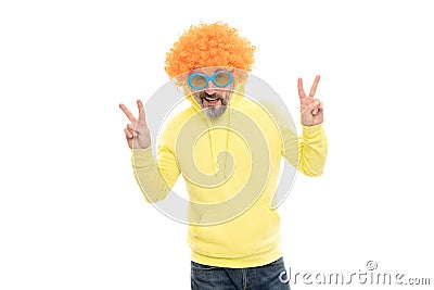 Just cool dude. Crazy man show peace signs. Cool fashion. Nerdy look. Funky wig hair Stock Photo