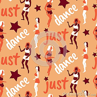 Just dance script dancing girls and star disco seamless pattern, moving woman bodies abstract background Vector Illustration