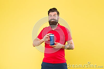 Just fabulous hair. Shampoo for hair type. Make hair stronger. Man cheerful handsome bearded hipster hold bottle shampoo Stock Photo