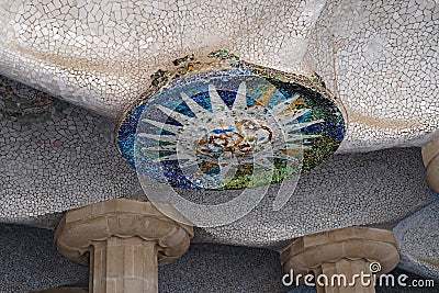 Trencadis Mosaic at the Ceiling of Park Guell Main Building. Editorial Stock Photo