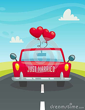 Just maarried car with balloons, back view, wedding concept, cartoon vector illustration Vector Illustration