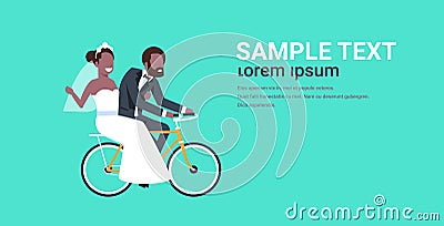 Just married african american couple riding bicycle bride and groom cycling bike having fun wedding day concept copy Vector Illustration