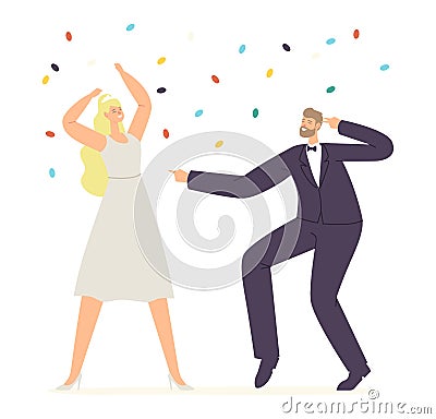 Just Married Bride and Groom Characters Dance, Happy Newlywed Couple Perform Wedding Dancing during Celebration Vector Illustration