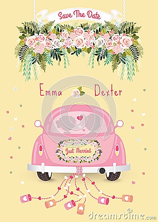 Just married car with save the date wedding invitation card Vector Illustration