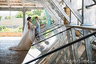 Just married couple of beautiful groom in a gray business suit and a bride in a luxurious white dress with a veil with Stock Photo