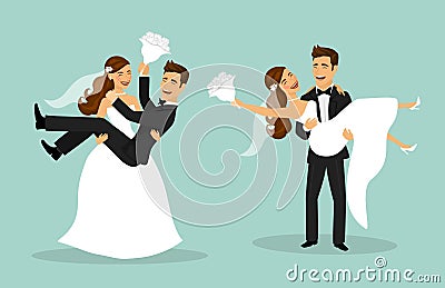 Just married couple, bride and groom carry each other after wedding ceremony Stock Photo