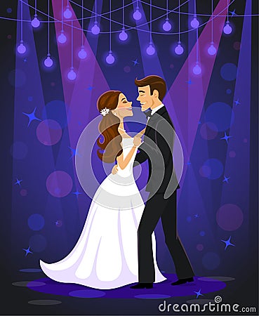 Just married couple bride and groom dancing their first wedding dance in a ballroom Stock Photo