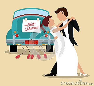 just married couple dancing and car Cartoon Illustration