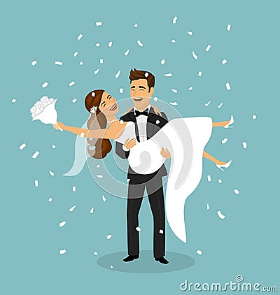 Just married couple, groom carries bride in arms after wedding ceremony Cartoon Illustration