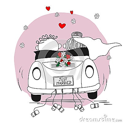 Just married couple leaving for their honeymoon Vector Illustration