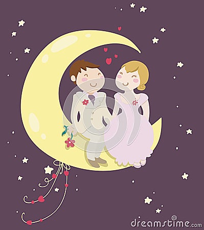 Just married couple on the moon Cartoon Illustration