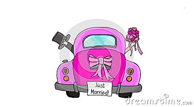 Just Married - Couple in pink car Stock Photo