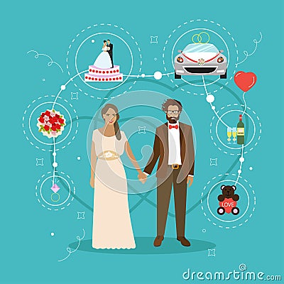 Just married couple with wedding attributes concept vector illustration. Vector Illustration