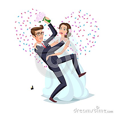 Just married funny couple, bride and groom dance from after wedding ceremony pink background heart vector Vector Illustration