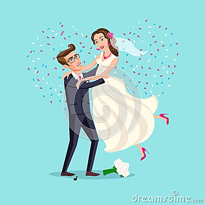 Just married funny couple, bride and groom dance from after wedding ceremony pink background heart vector Vector Illustration