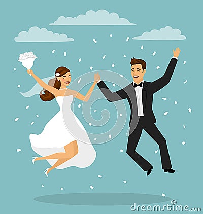 Just married funny couple, bride and groom jumping Stock Photo