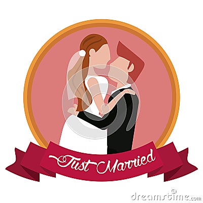 just married groom carrying bride label Cartoon Illustration