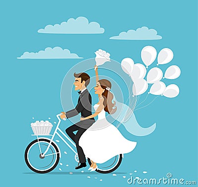 Just married happy couple bride and groom riding bicycle Vector Illustration