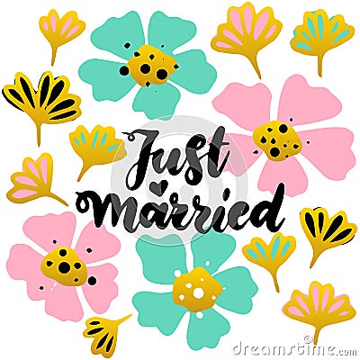 Just Married Lettering Postcard Vector Illustration