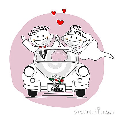 Just married couple leaving for their honeymoon Vector Illustration