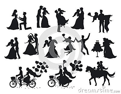 Just married , newlyweds, bride and groom silhouettes set. Vector Illustration
