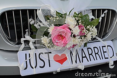 Just Married Sign Attached On Car`s Trunk Stock Photo