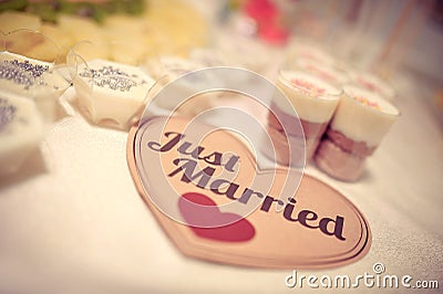 Just Married sign on a Wedding candy table Stock Photo