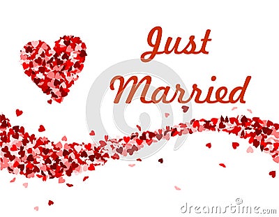 Just married text with red hearts wave Vector Illustration