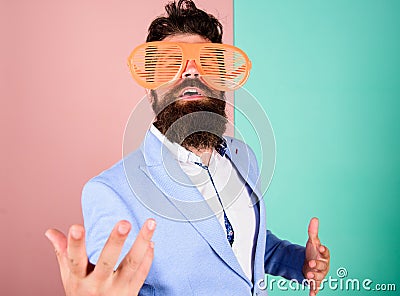 Just want to have fun. Man with beard and mustache wear funny eyeglasses. Fun and relax. Businessman fed up being Stock Photo