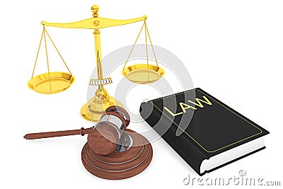 Justice gold scale, Law Book and wooden gavel Stock Photo